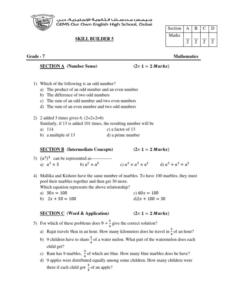 Gr 7 Skill Builder 5 Pdf Numbers Applied Mathematics