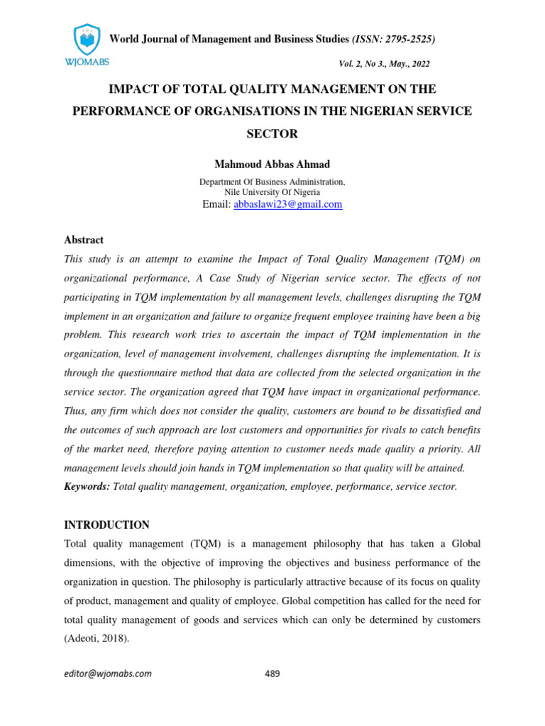Impact of Total Quality Management On The Performance of Organisations ...