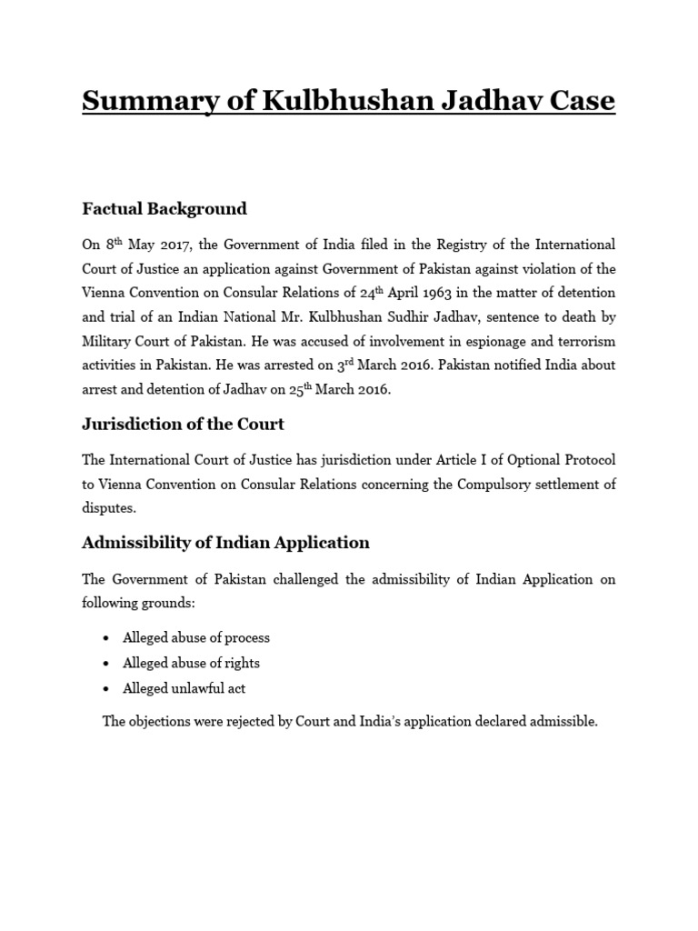 Kulbhushan Jadhav Case Summary | PDF | Detention (Imprisonment ...