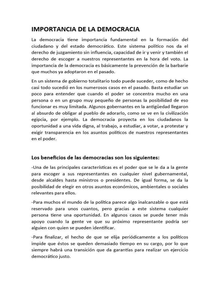 Importancia de la Democracia en la Sociedad | PDF | Política