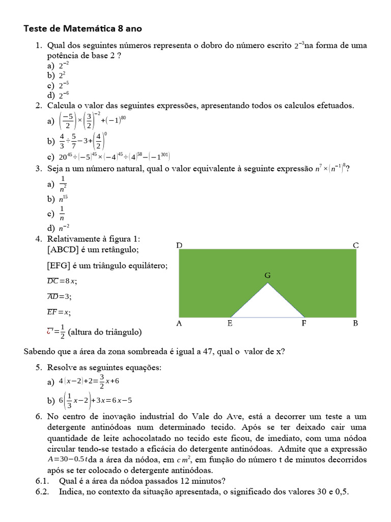 Teste de Matemática 8 Ano | PDF | Equações | Matemática