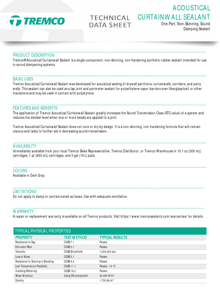 Acoustical Curtainwall Sealant Data Sheet PDF Civil Engineering