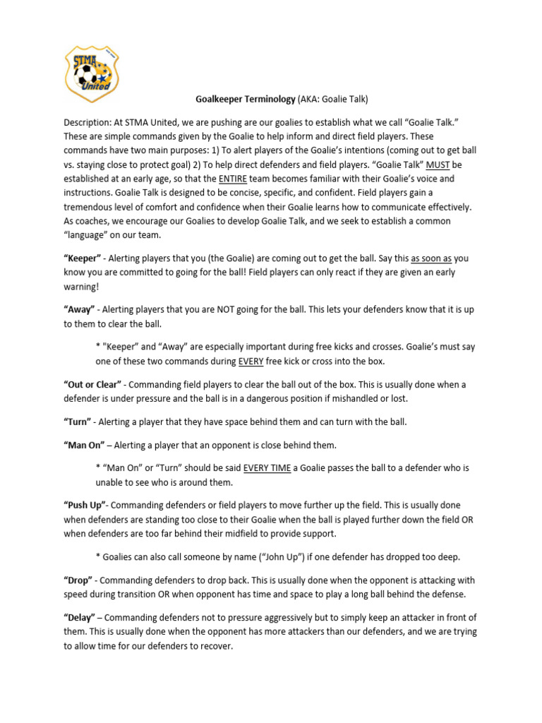 Goalkeeper Terminology PDF Defender (Association Football