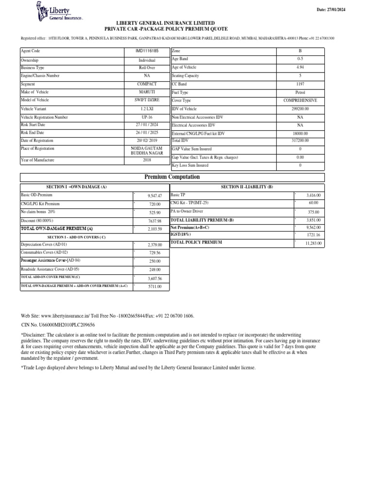 Premium Computation: Liberty General Insurance Limited Private Car ...