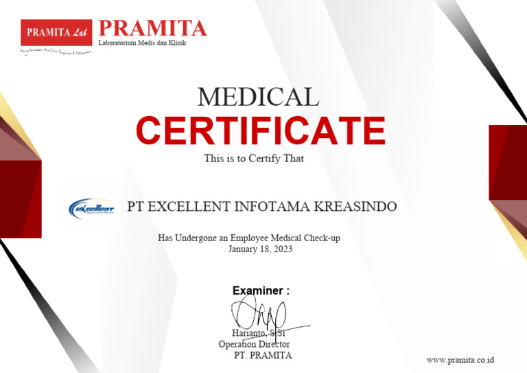 Medical Check-Up Certificate for PT. EIK | PDF