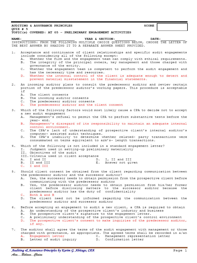 05 Quiz On Topic 5 With Answer Key Pdf Audit Financial Audit
