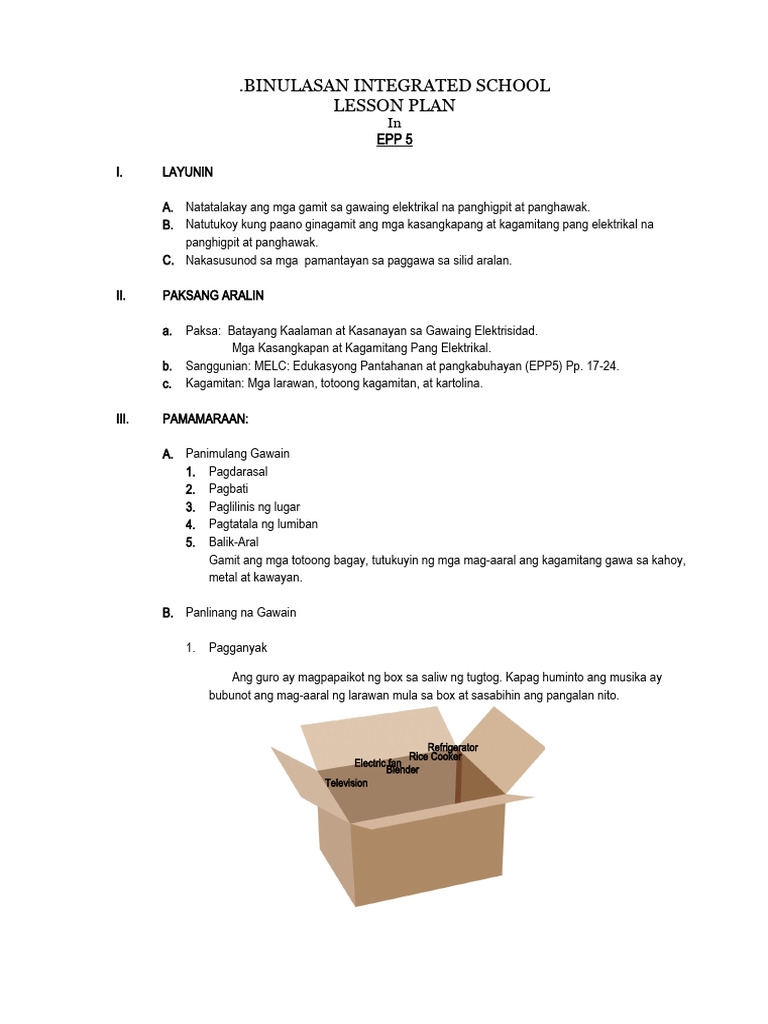 Lesson Plan in Epp Kagamitang Pang Elektrisidad Panghawak at Panghigpit ...