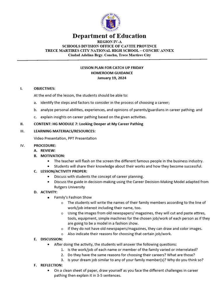 Dll for catch up friday homeroom guidance january 19 pdf teachers