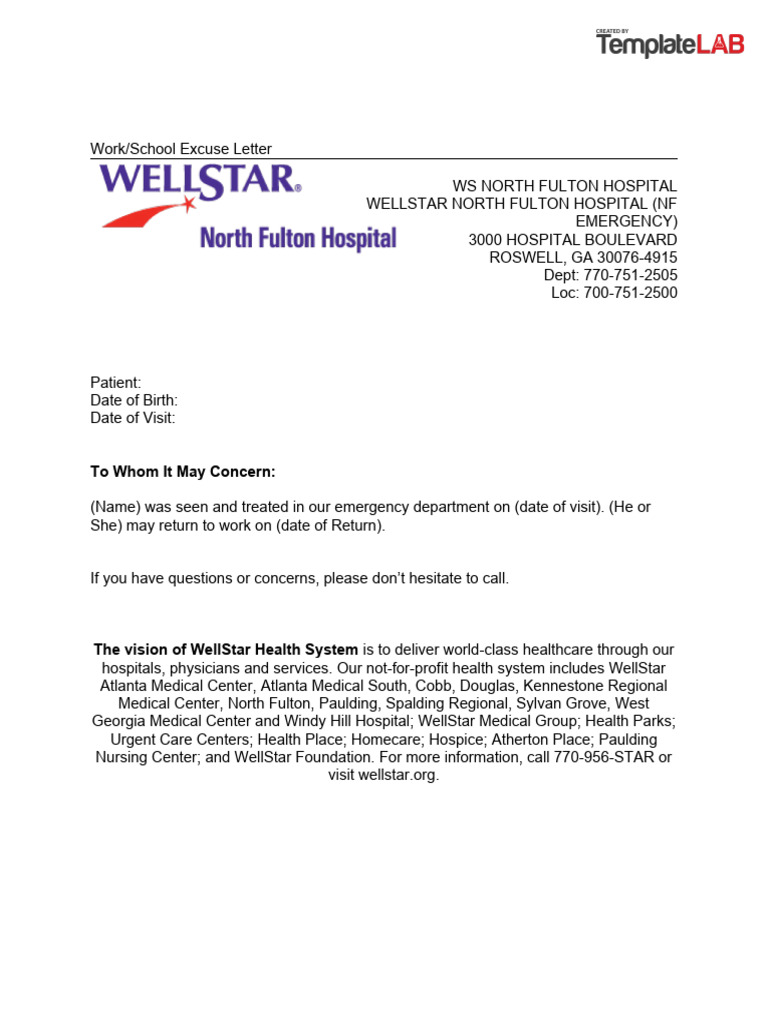 WellStar Hospital Work Excuse Letter | PDF