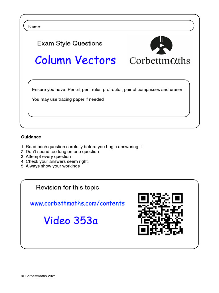 Corbett Maths Column Vector Questions | PDF | Linear Algebra | Mathematics