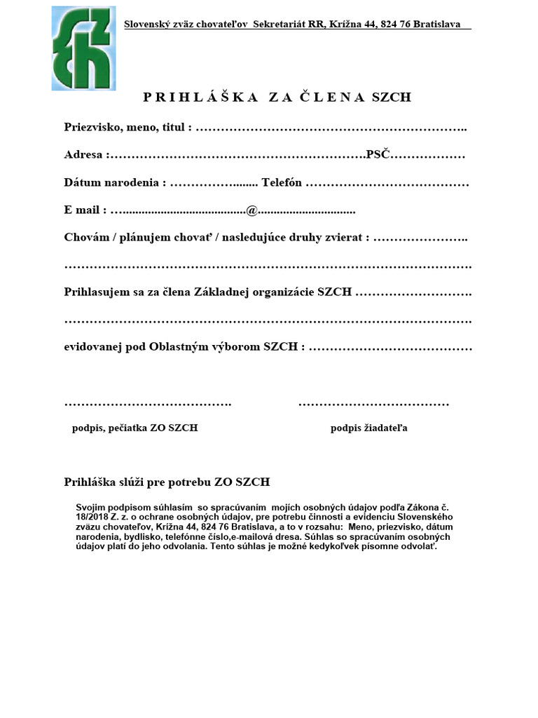 Prihlaska Za Clena SZCH | PDF