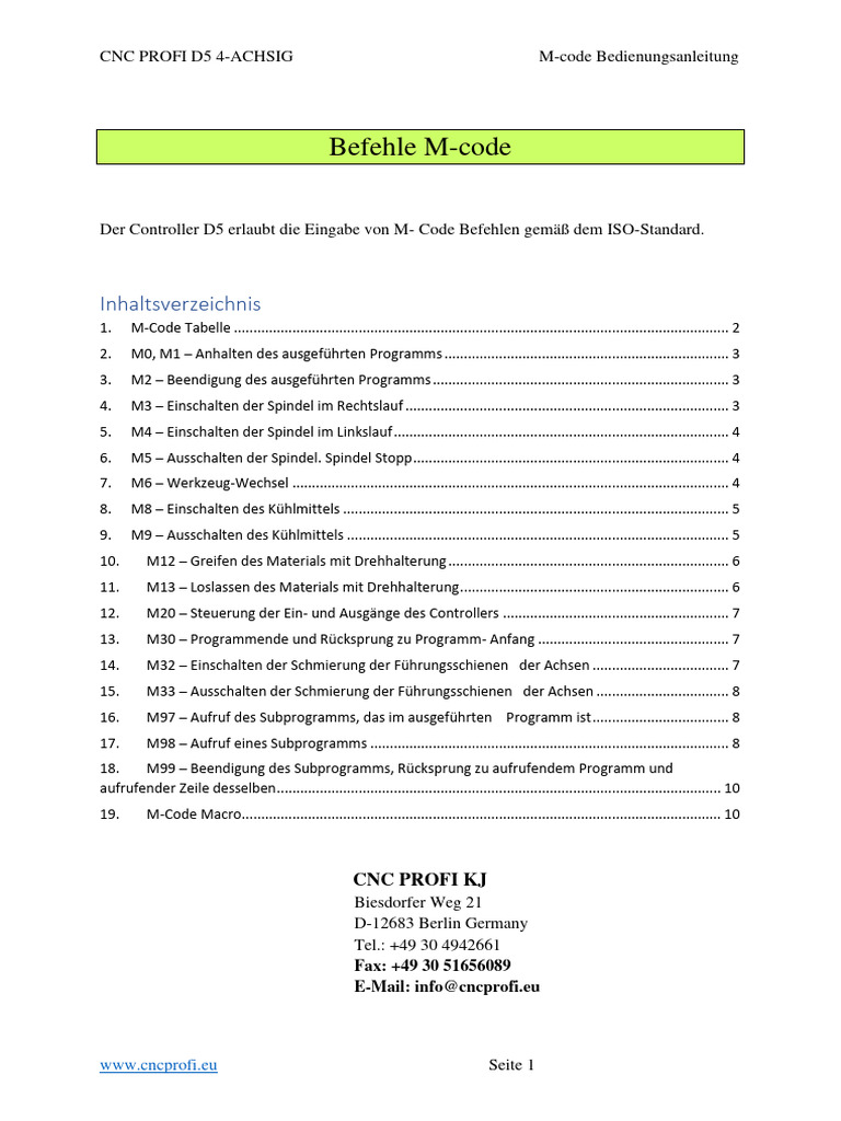 Befehle M-Code D5 | PDF