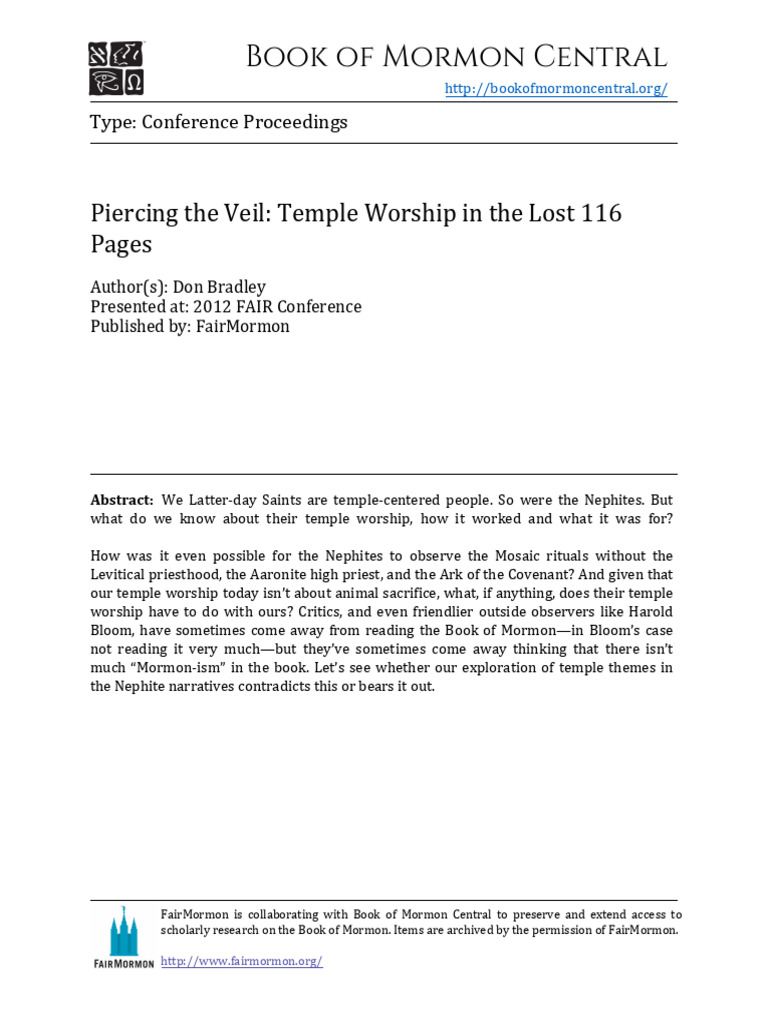 Don Bradley Piercing The Veil Temple Worship in The Lost 116 Pages