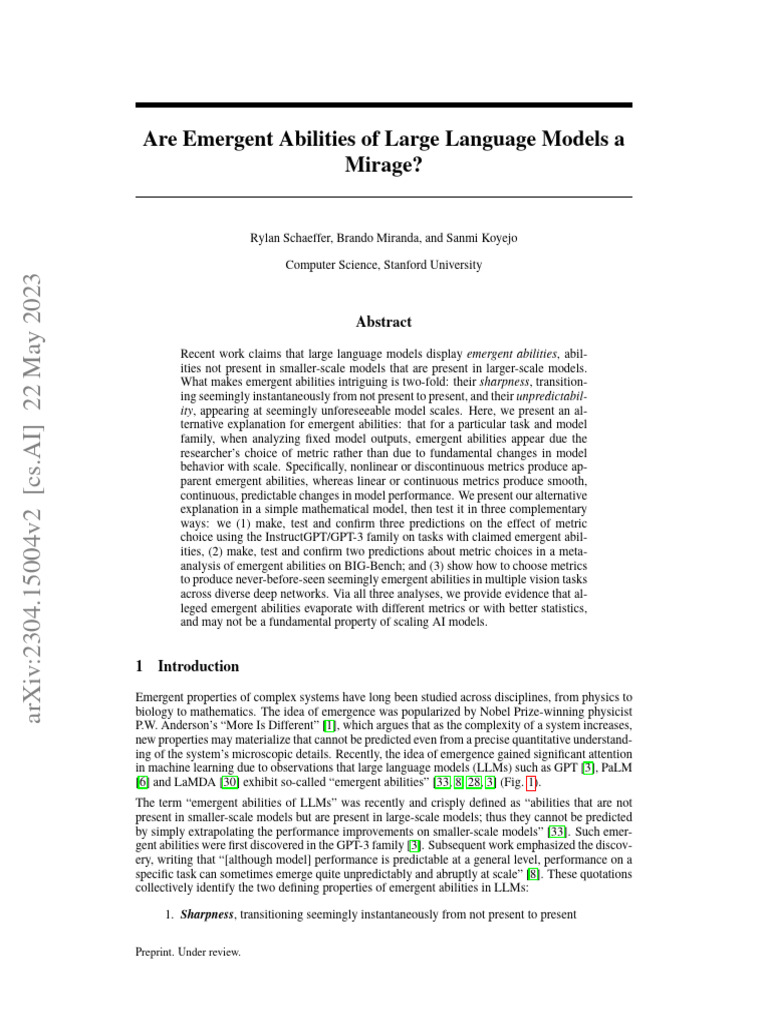 Emergent Abilities in AI: A Mirage? | PDF | Emergence | Applied Mathematics