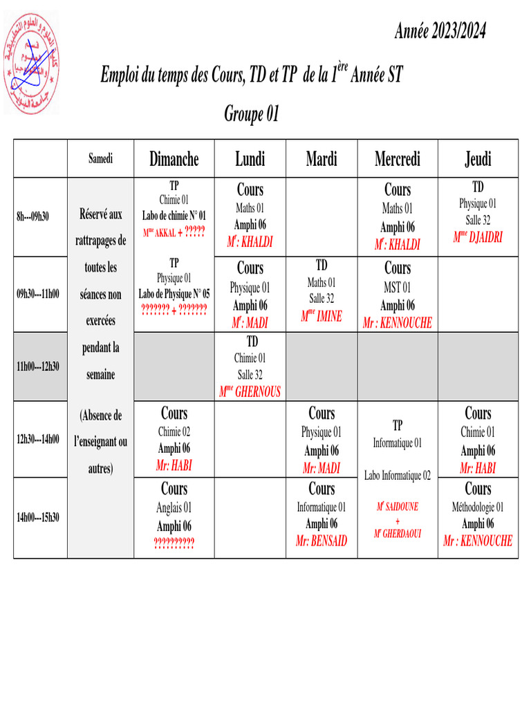 Emploi du temps 1ère Année ST 2023/2024 | PDF | Sciences physiques | La ...
