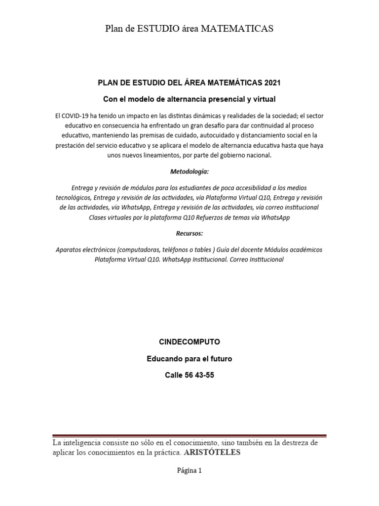 Plan de Estudio Del Ã - Rea de Matematicas | PDF