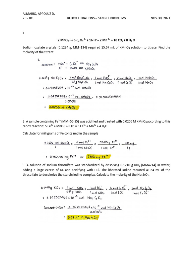 Redox Titrations Sample Problems PDF