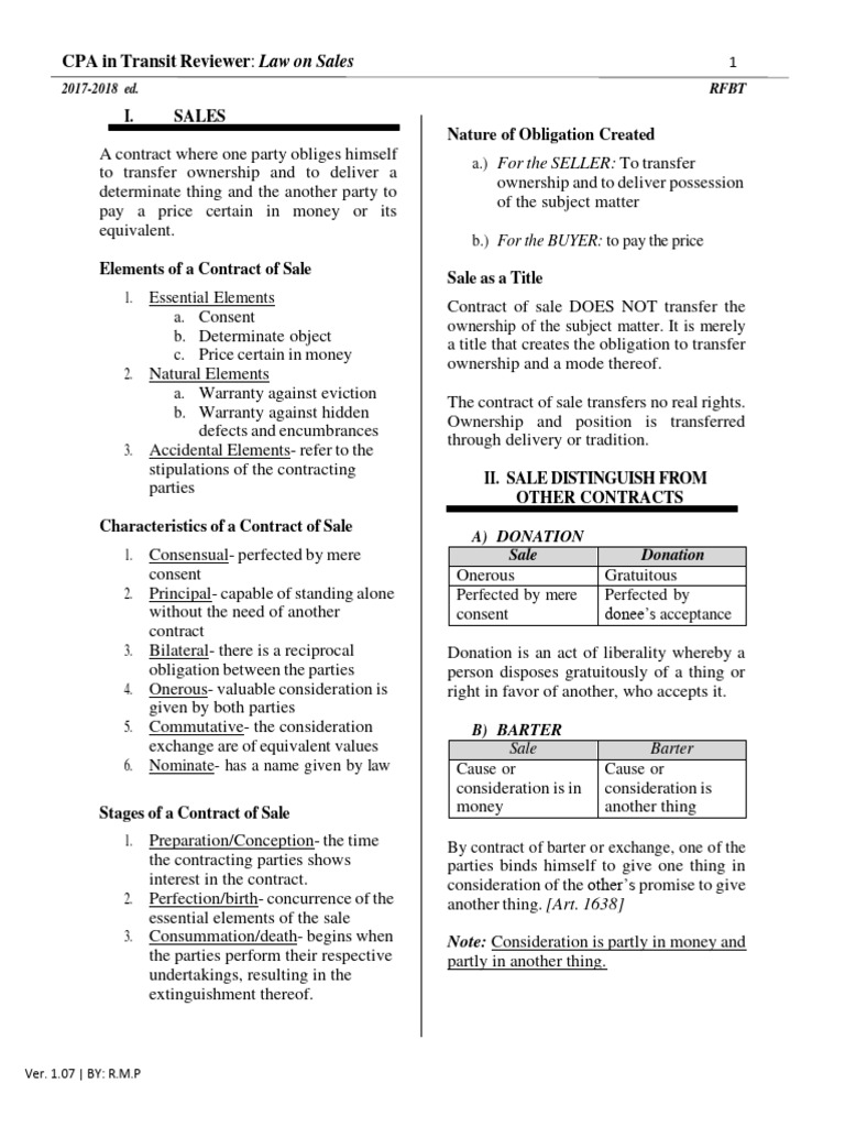 Summary of Sales Law Principles | PDF | Offer And Acceptance | Sales