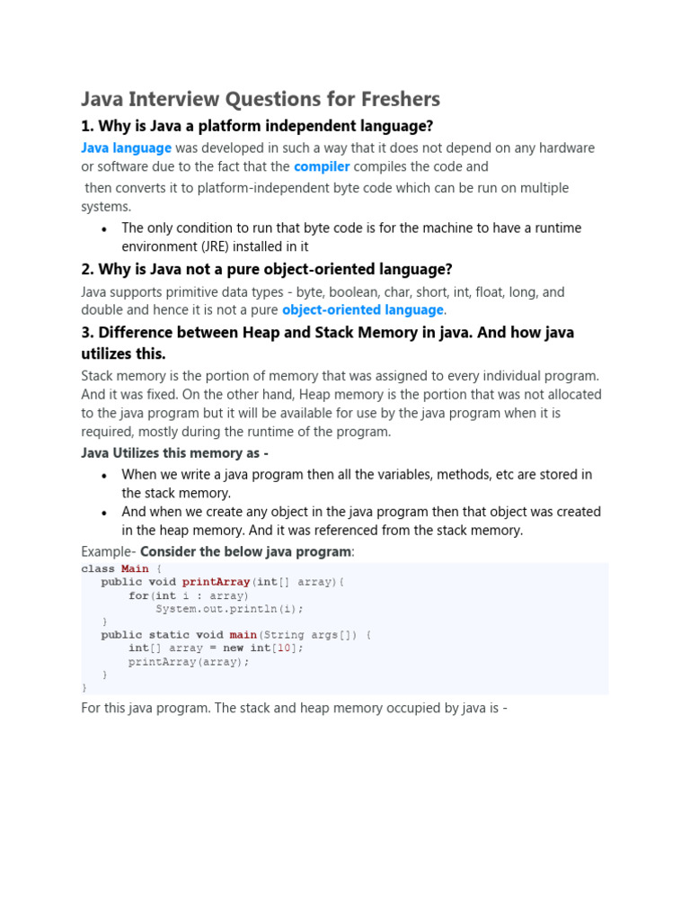 Java Interview Questions For Freshers | PDF | Method (Computer ...