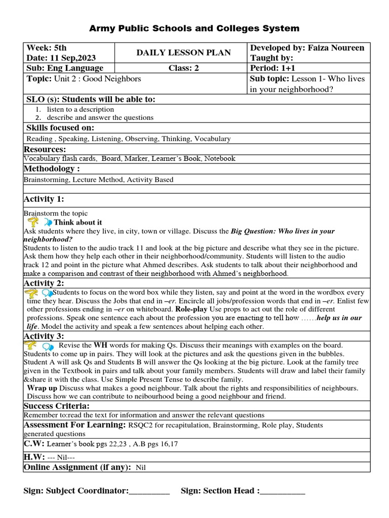 Grade 2 English Lesson Plans: Week 5 | PDF | Vocabulary | Lesson Plan