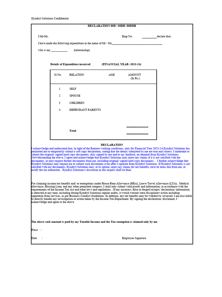 Self declaration form sec 80d pdf