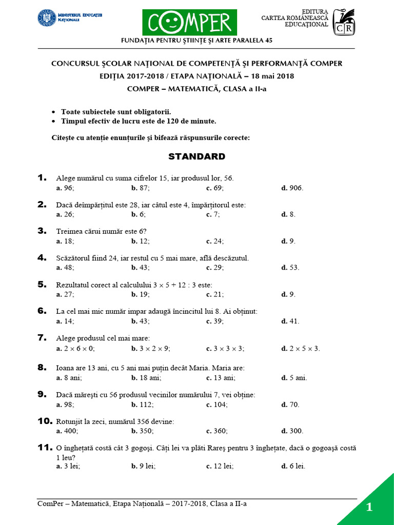 Subiecte Comper2018 Matematica Etapan Clasa2 PDF | PDF
