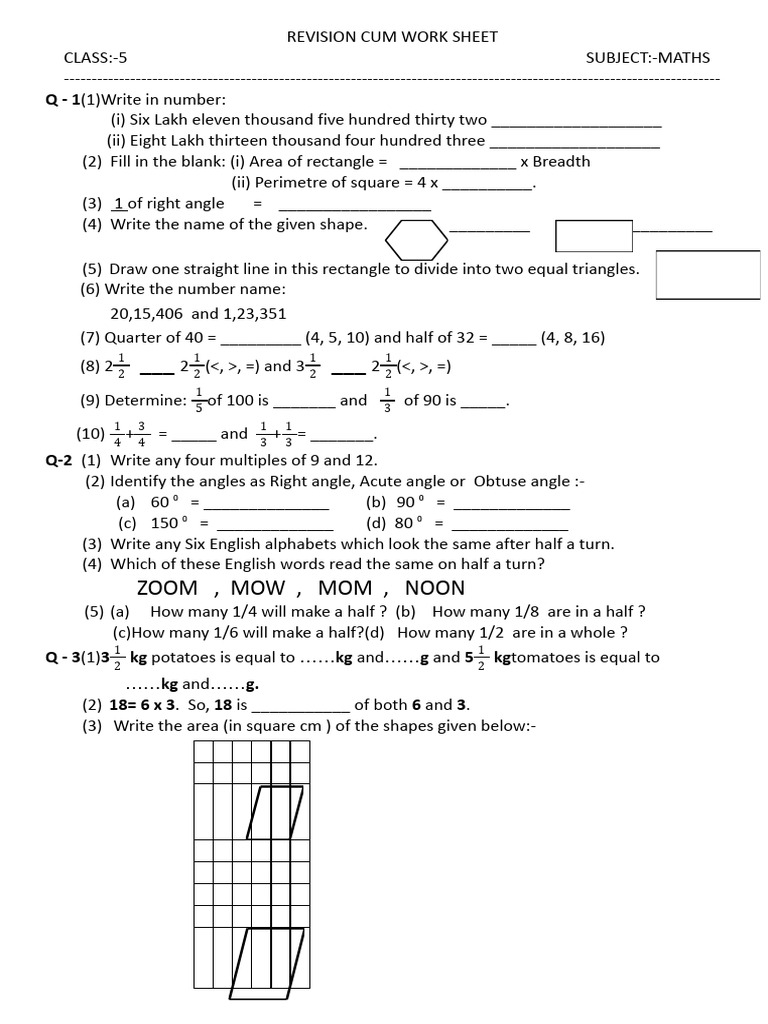 Class 5 Maths Half Yearly Revision Worksheet | PDF | Area | Classical ...