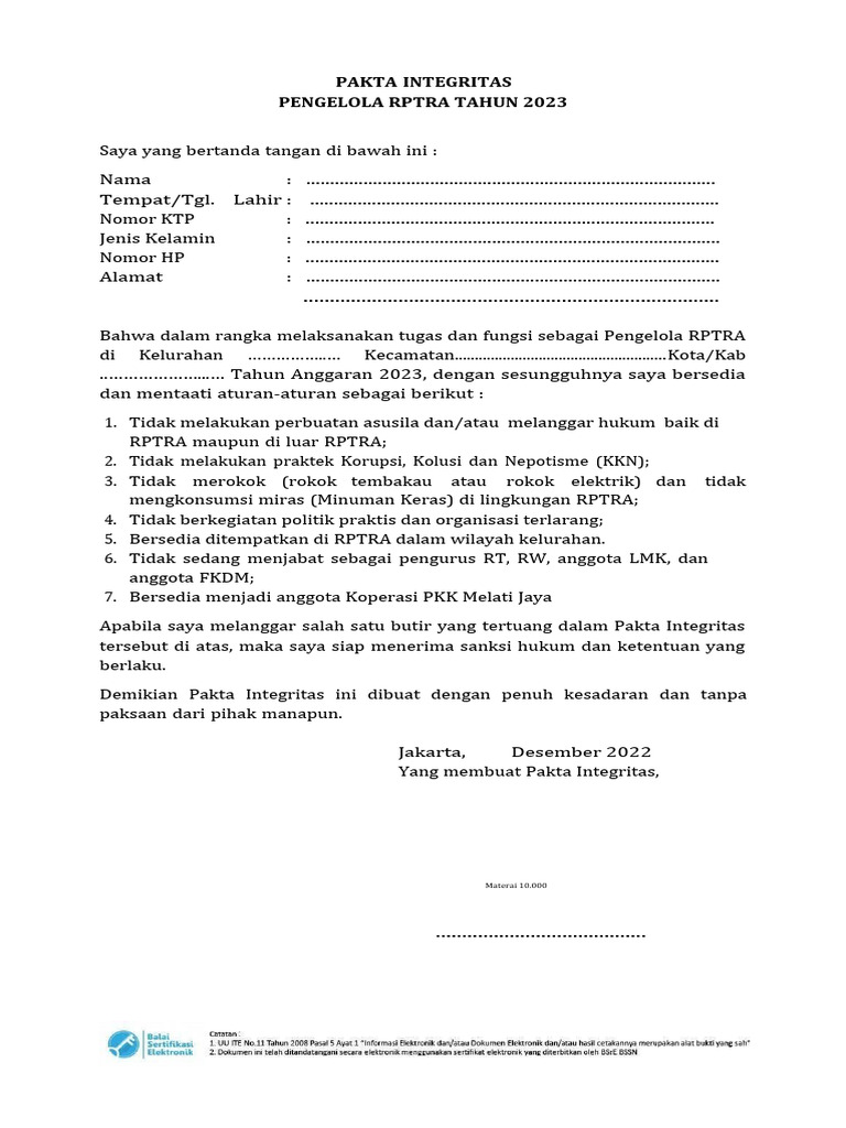 Pakta Integritas Pengelola RPTRA 2023 | PDF