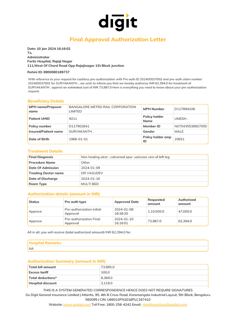 Final Approval for Cashless Treatment | PDF | Insurance | Hospital