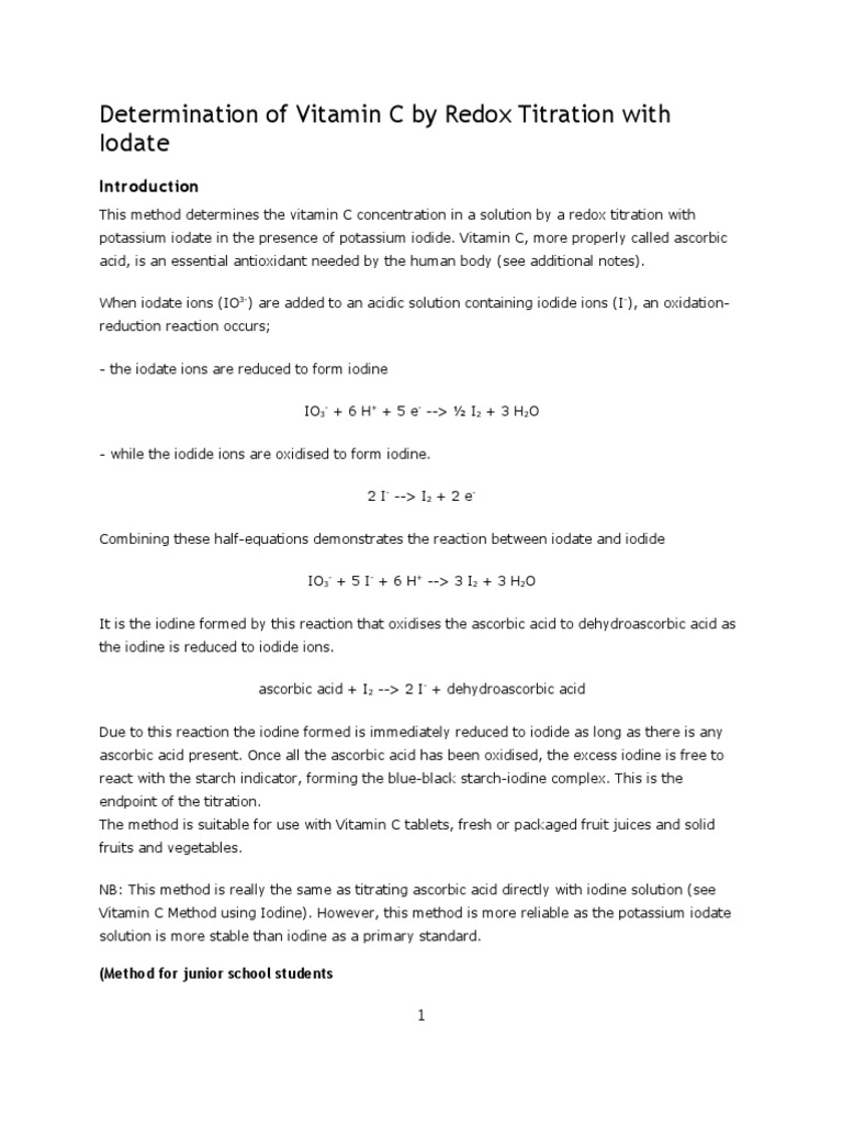 Determination of Vitamin C by Redox Titration With Iodate