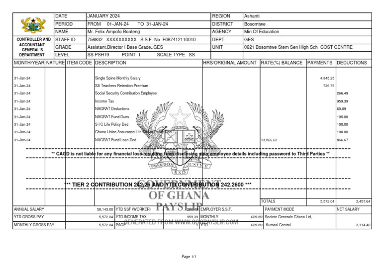 January 2024 Ghana Government Payslip | PDF | Salary | Government