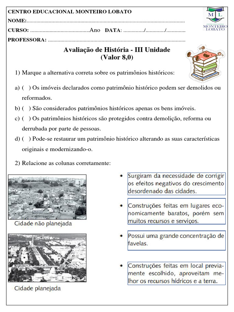Avaliação de História 3 Ano - Iii Unidade | Download grátis PDF | Brasil