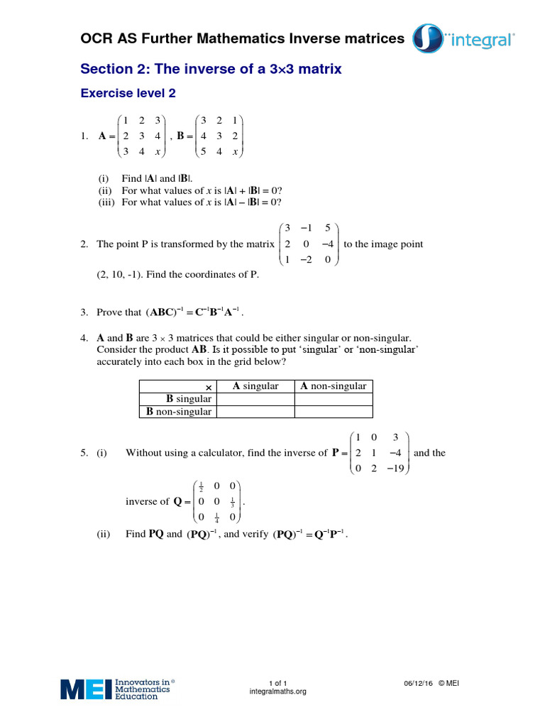 Matrices integral exercise 2 pdf