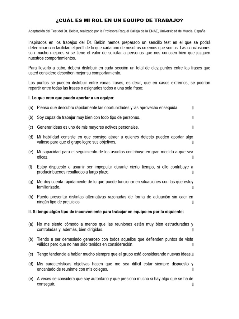 Test de Roles en Equipos según Belbin | PDF