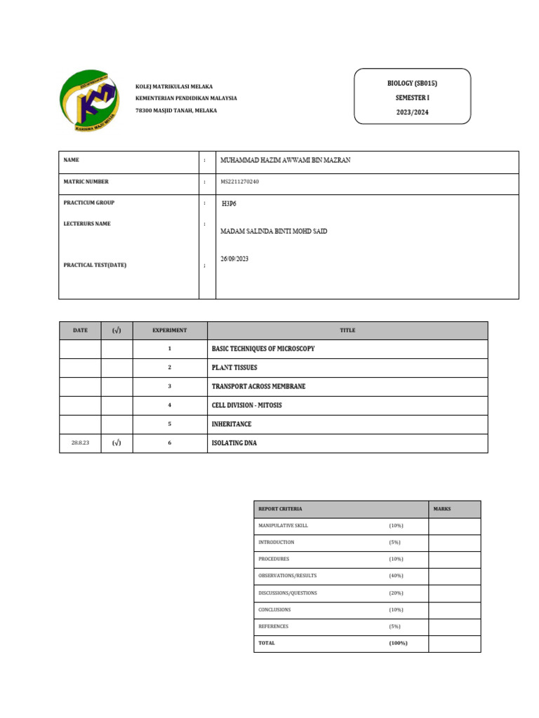 Front cover lab report sb015 20232024 pdf