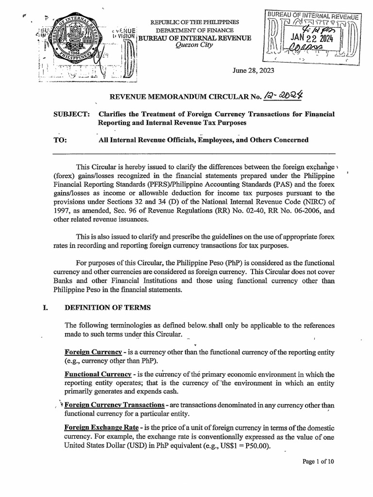 RMC No. 12-2024 - Treatment of Foreign Currency | PDF