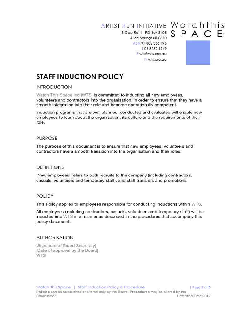 New Staff Induction Policy & Procedure Template PDF Employment