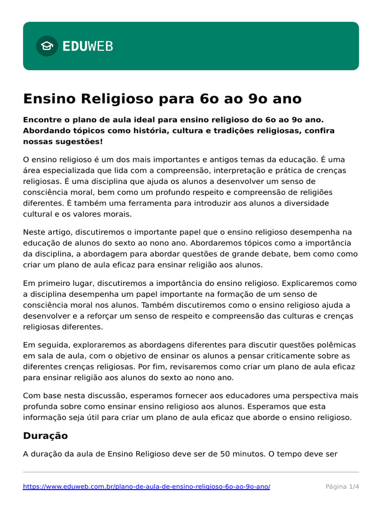 Plano de Aula de Ensino Religioso 6o Ao 9o Ano | PDF