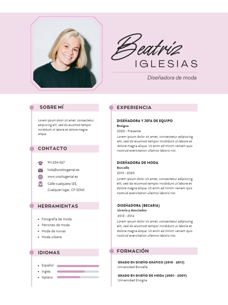 Currículum Vitae CV Diseñadora de Moda Minimalista Sencillo Rosa ...