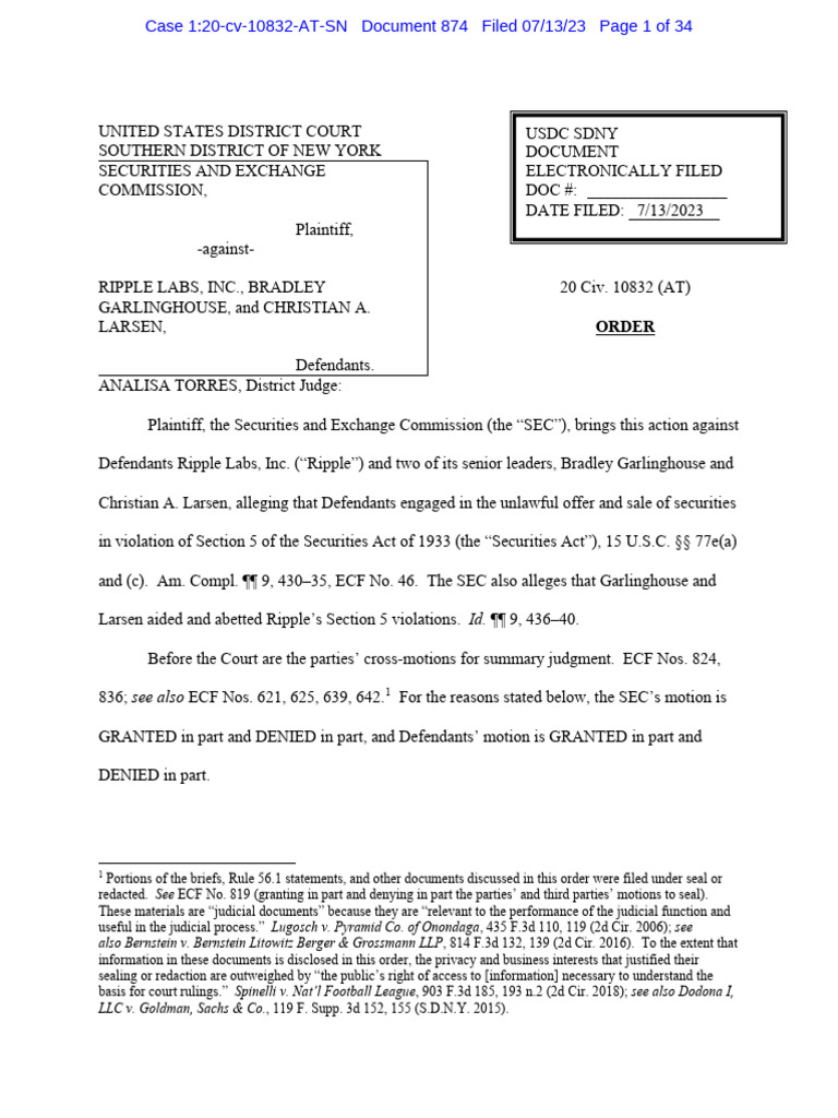Judge Torres - Summary Judgement | PDF | Stocks