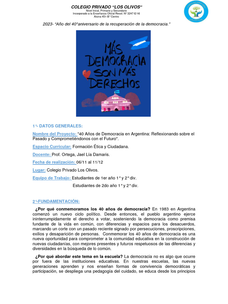 Proyecto Educativo: 40 Años de Democracia | PDF | Democracia ...