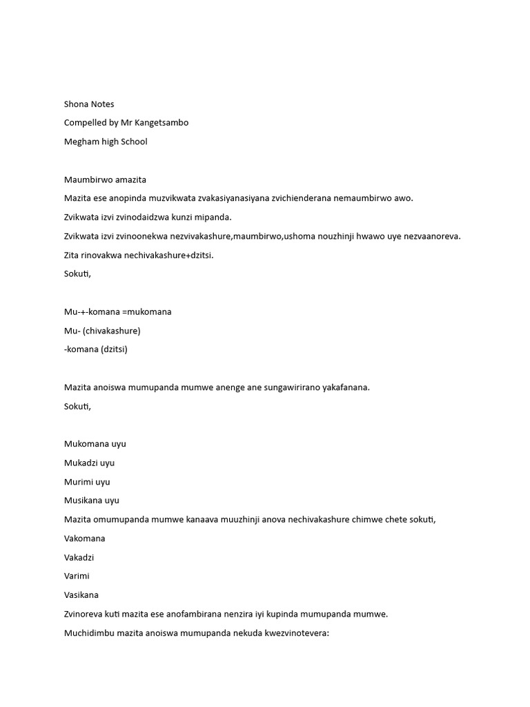 Mupanda Shona Notes Overview | PDF | Language Arts & Discipline