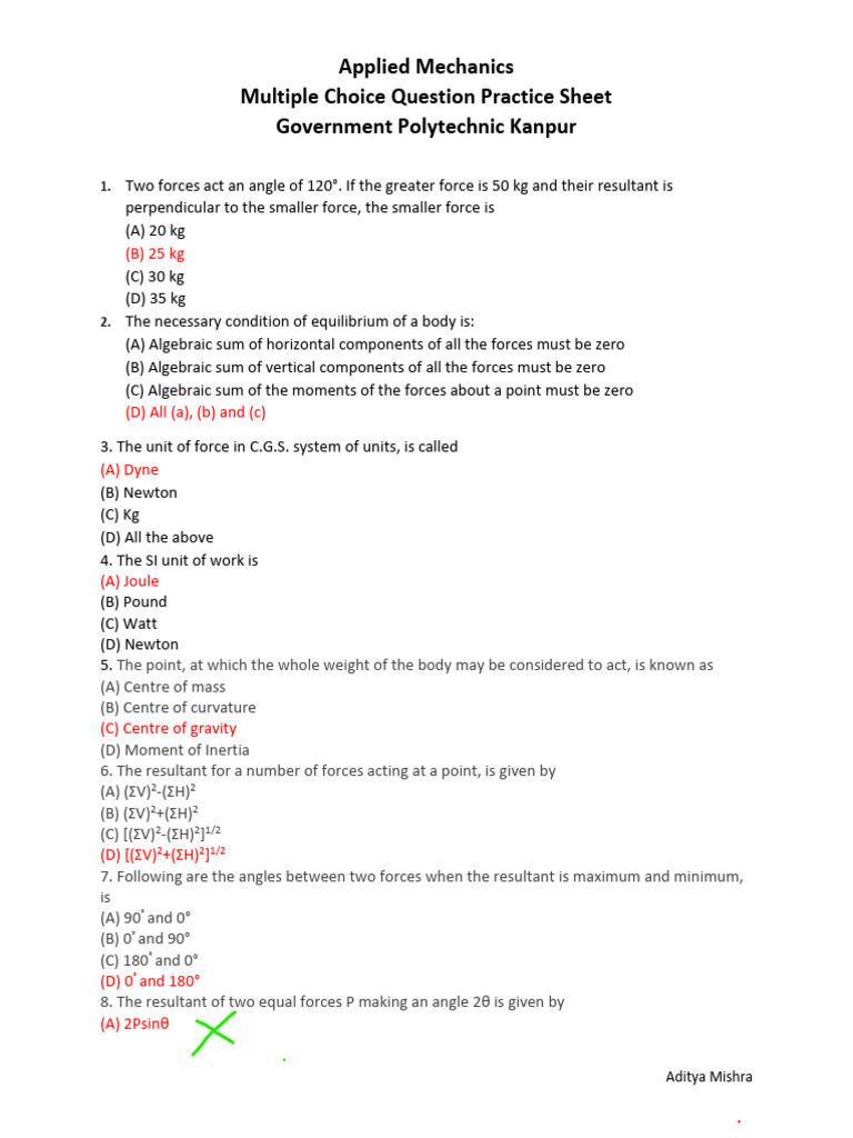Applied Mechanics MCQ Practice Sheet | PDF | Friction | Center Of Mass