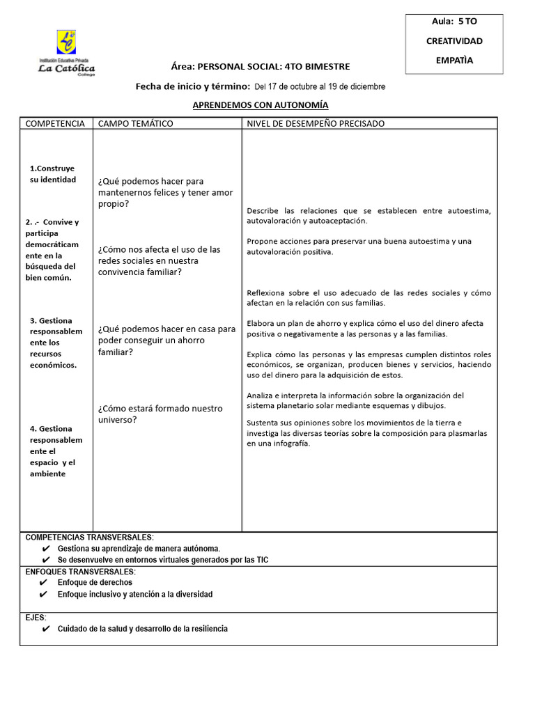 Aprendizajes de Personal Social 4to Bimestre | PDF | Aprendizaje ...