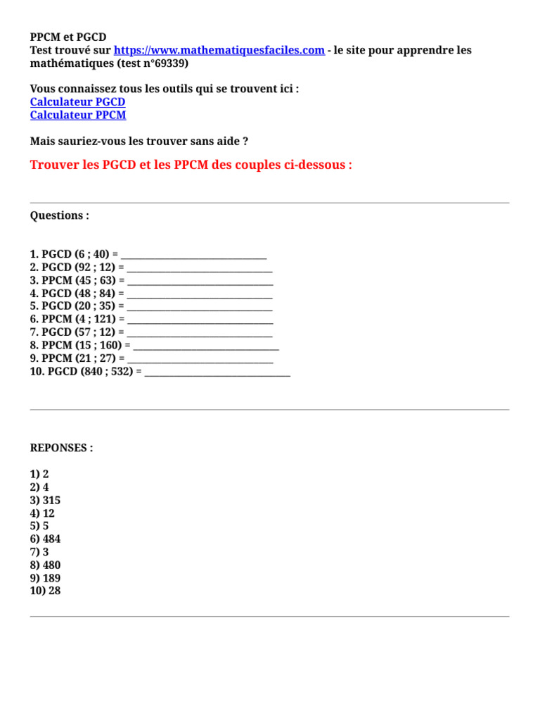 Calcul du PGCD et PPCM : Exercices | PDF