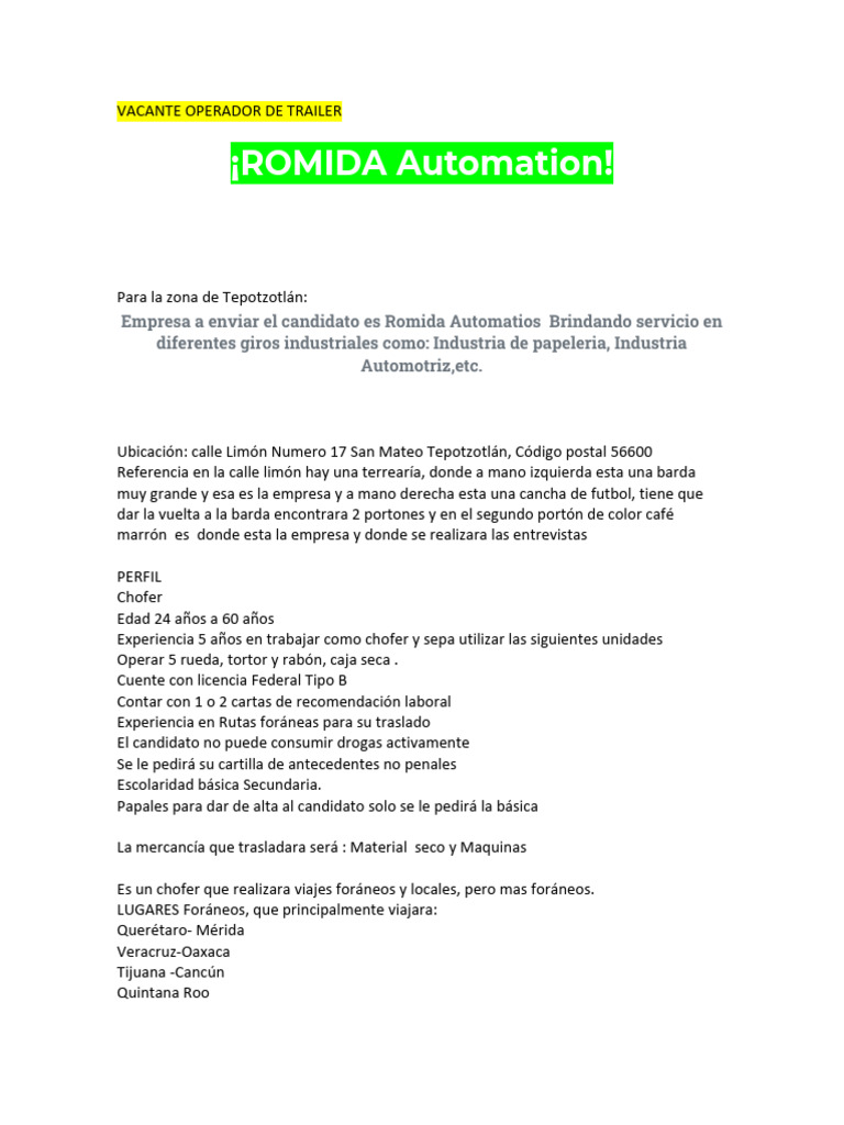 Vacantes Chofer y Almacenista Tepotzotlán | PDF | Salario | Business