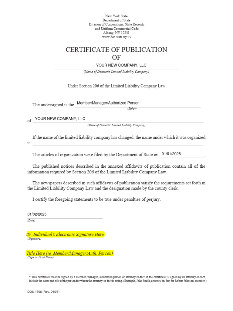 Sample Domestic LLC Certificate of Publication Signature | PDF ...