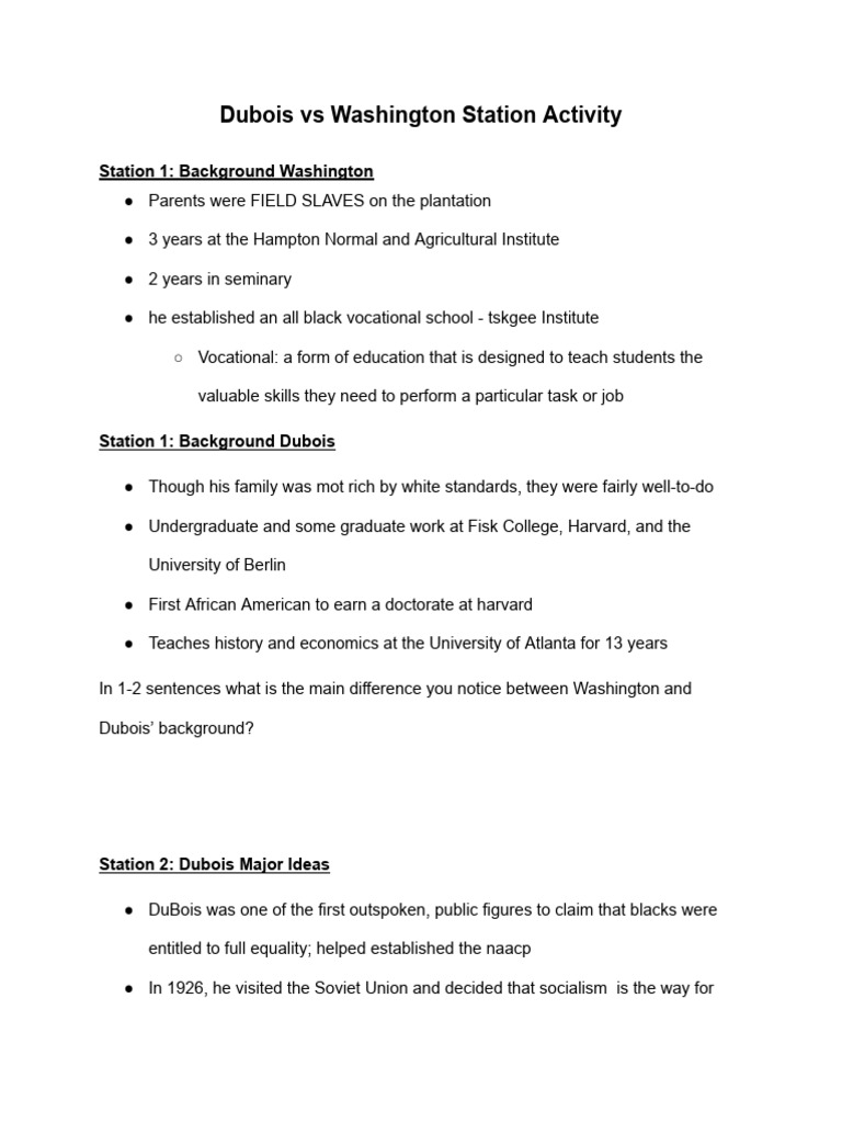 Booker t washington vs web dubois station activity pdf w e b du