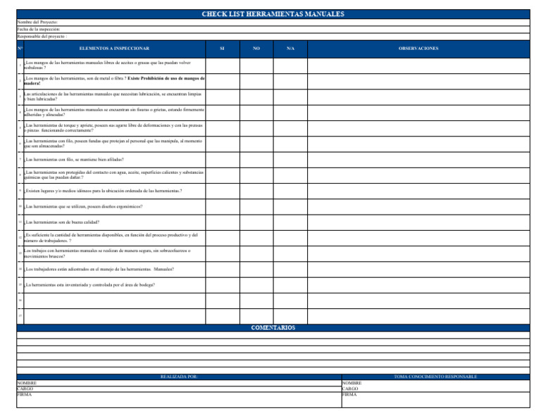 Checklist de Inspección de Herramientas Manuales | PDF | Herramientas ...