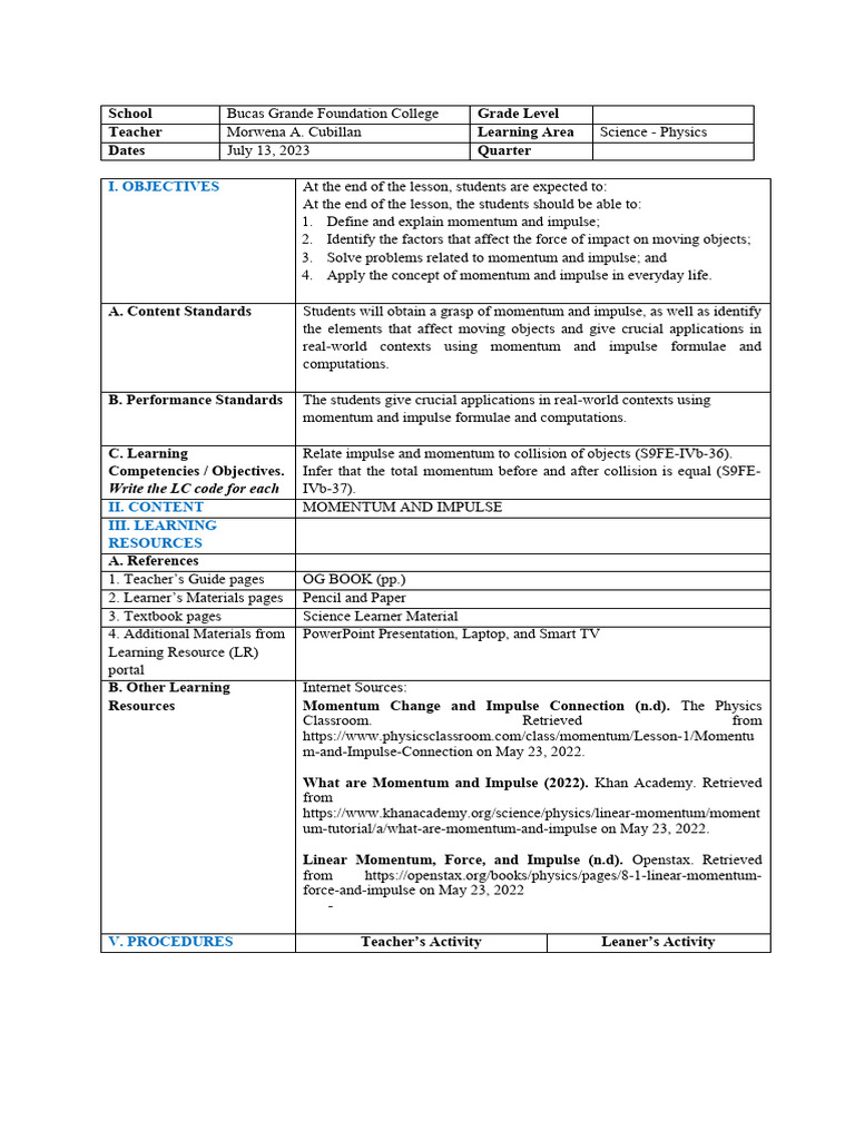 Momentum and Impulse Lesson Plan | PDF | Momentum | Force